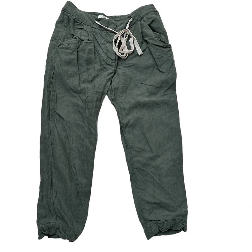 Wilfred Linen Blend Cropped Button Fly Joggers Adjustable Draw String Army Green